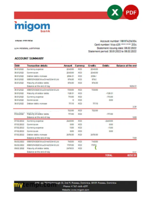 Dominica Migom bank statement Excel and PDF template