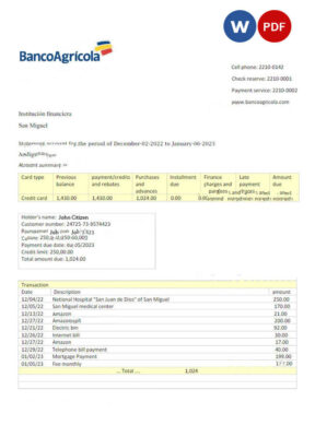 DOMINICAN REPUBLIC BANCO AGRICOLA bank statement Word and PDF template