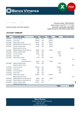 Dominican Republic Banco Vimenca bank statement Excel and PDF template