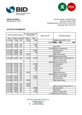 Dominican Republic Bid bank statement Excel and PDF template