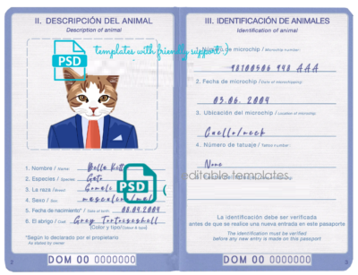 Dominican Republic cat (animal, pet) passport PSD template, fully editable