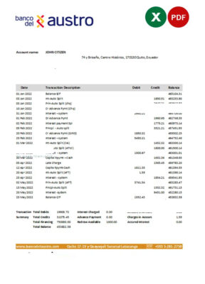 Ecuador Banco del Austro bank statement Excel and PDF template