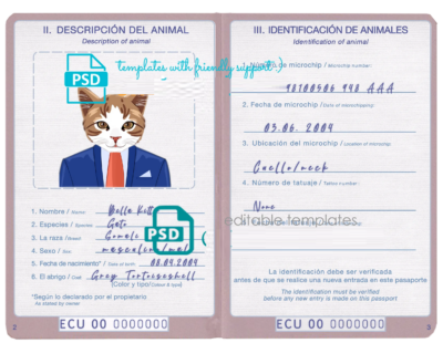 Ecuador cat (animal, pet) passport PSD template, completely editable