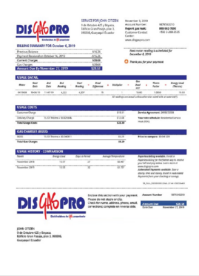 Ecuador Disgaspro gas utility bill template in Word and PDF format