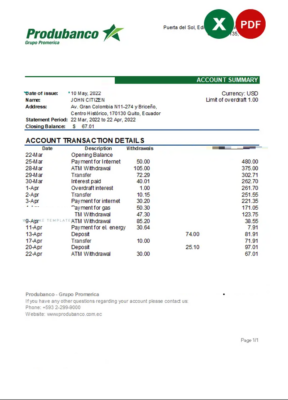 Ecuador Produbanco bank statement Excel and PDF template