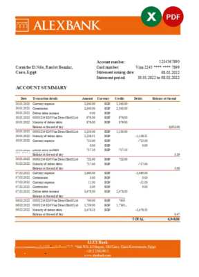 Egypt Alex bank statement Excel and PDF template