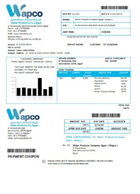 Egypt Water Products Company Egypt (Wapco) utility bill template in Word and PDF format