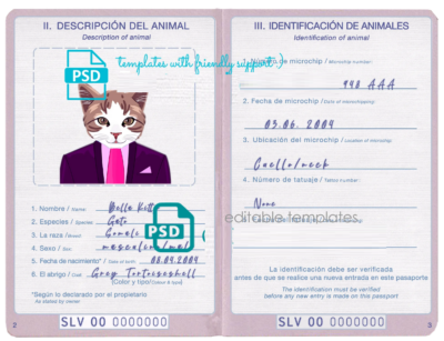 El Salvador cat (animal, pet) passport PSD template, fully editable