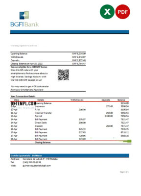 Equatorial Guinea BGFI Bank Statement Excel and PDF template