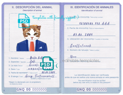 Equatorial Guinea cat (animal, pet) passport PSD template, fully editable