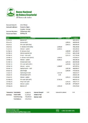 Equatorial Guinea The National Bank statement template in Excel and PDF format