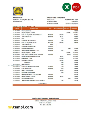 Eritrea Housing and Commerce bank statement Excel and PDF template