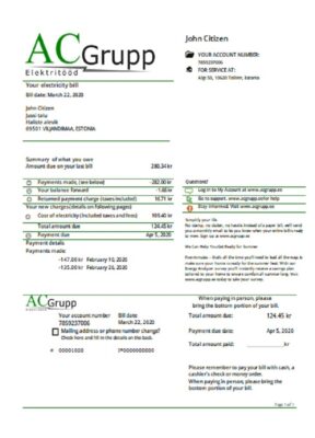 Estonia AC Grupp OÜ electricity utility bill template in Word and PDF format