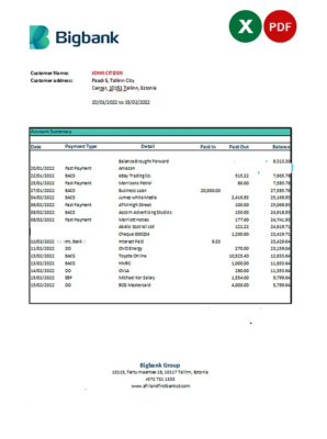 Estonia Bigbank bank statement Excel and PDF template