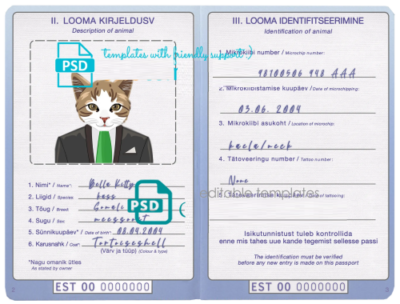 Estonia cat (animal, pet) passport PSD template, fully editable