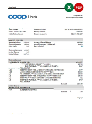 Estonia Coop Pank bank statement Excel and PDF template