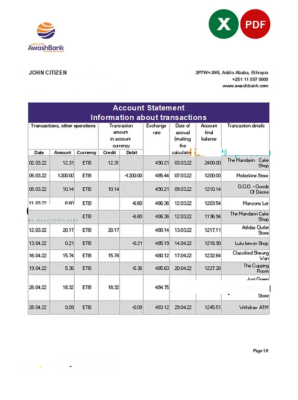 Ethiopia Awash Bank statement Excel and PDF template