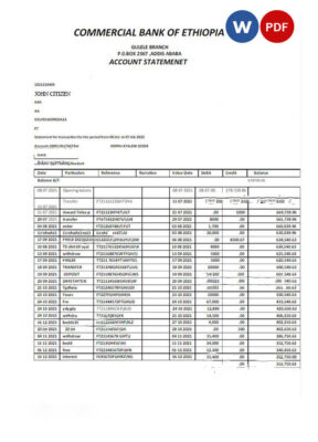 ETHIOPIA COMMERCIAL BANK OF ETHIOPIA statement Word and PDF template