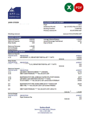 Ethiopia Dashen Bank statement Excel and PDF template