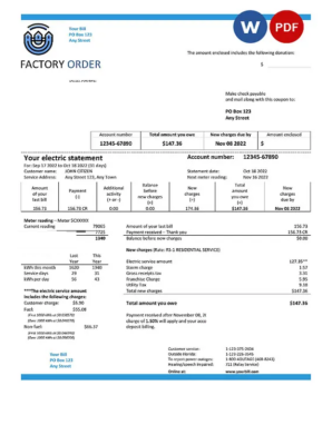 # factory order universal multipurpose utility bill, Word and PDF template