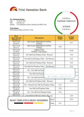 FHawaii irst Hawaiian Bank statement bank statement template in Word and PDF format