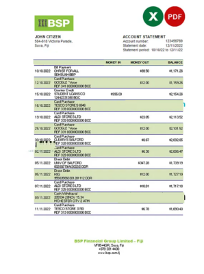 Fiji Bank of South Pacific bank statement Excel and PDF template