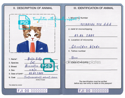 Fiji cat (animal, pet) passport PSD template, completely editable