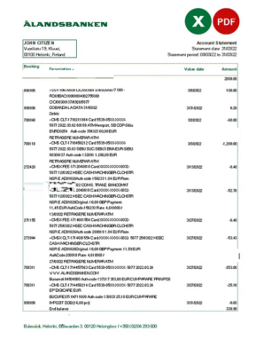 Finland Aland bank statement Excel and PDF template