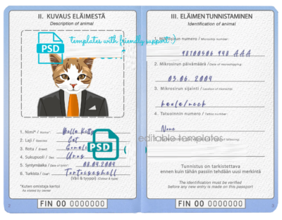 Finland cat (animal, pet) passport PSD template, completely editable