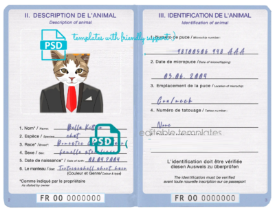 France cat (animal, pet) passport template, fully editable