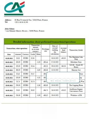 France Credite Agricole bank statement template in Word and PDF (.doc and .pdf) format