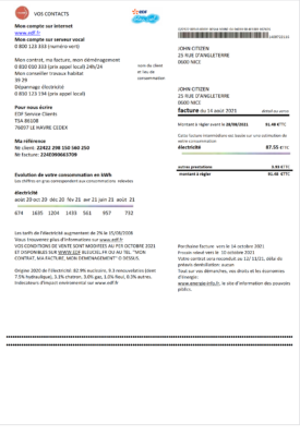 France EDF proof of address utility bill template in Word and PDF format