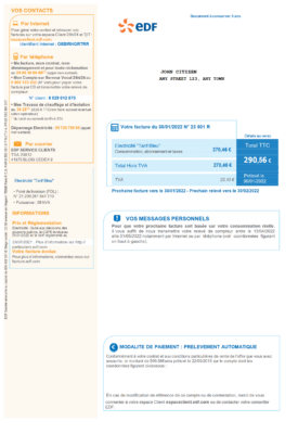 France electricity EDF utility bill template Word and PDF format, good for address prove