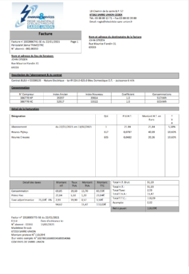 France Energies & Services Régie Municipal d’ Electricité Sarre-Union electricity utility bill template in Word and PDF format, fully editable