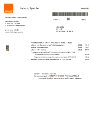 France Orange utility bill template in Word and PDF format