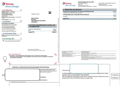 France Total Direct Energie utility bill template in Word and PDF format