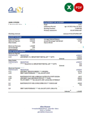 Gabon Alios Finance bank statement Excel and PDF template