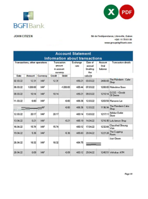 Gabon BGFI bank statement Excel and PDF template