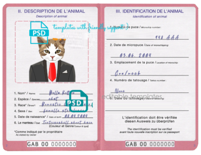 Gabon cat (animal, pet) passport PSD template, fully editable