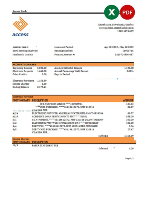 Gambia Access bank statement Excel and PDF template