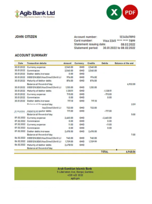 Gambia Arab Gambian Islamic bank statement Excel and PDF template