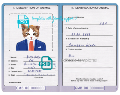 Gambia cat (animal, pet) passport PSD template, completely editable