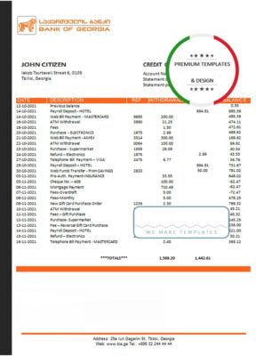 Georgia Bank of Georgia proof of address statement template in Word and PDF format, fully editable