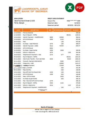 Georgia Bank of Georgia statement Excel and PDF template