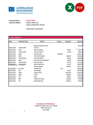 Georgia Basis Bank statement Excel and PDF template