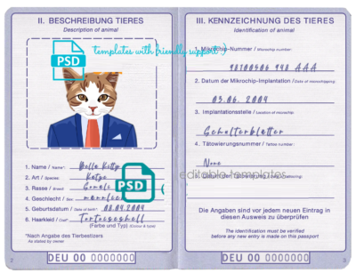 Germany cat (animal, pet) passport PSD template, completely editable