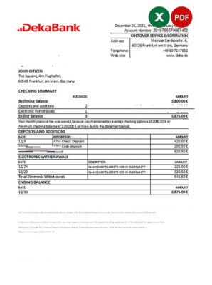 Germany Dekabank bank statement Excel and PDF template