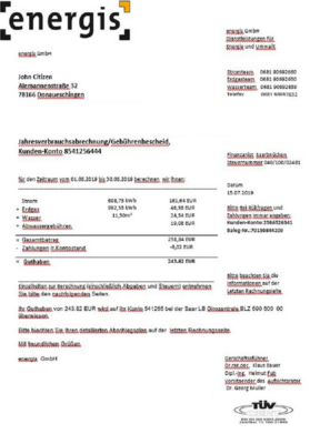 Germany Energis utility bill template in Word and PDF format, fully editable