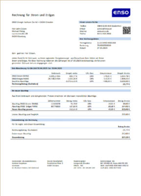 Germany ENSO rechnung für strom und erdgas utility bill template in Word and PDF format