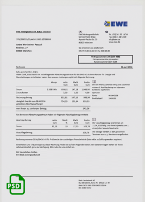 Germany EWE utility bill template, fully editable in PSD format